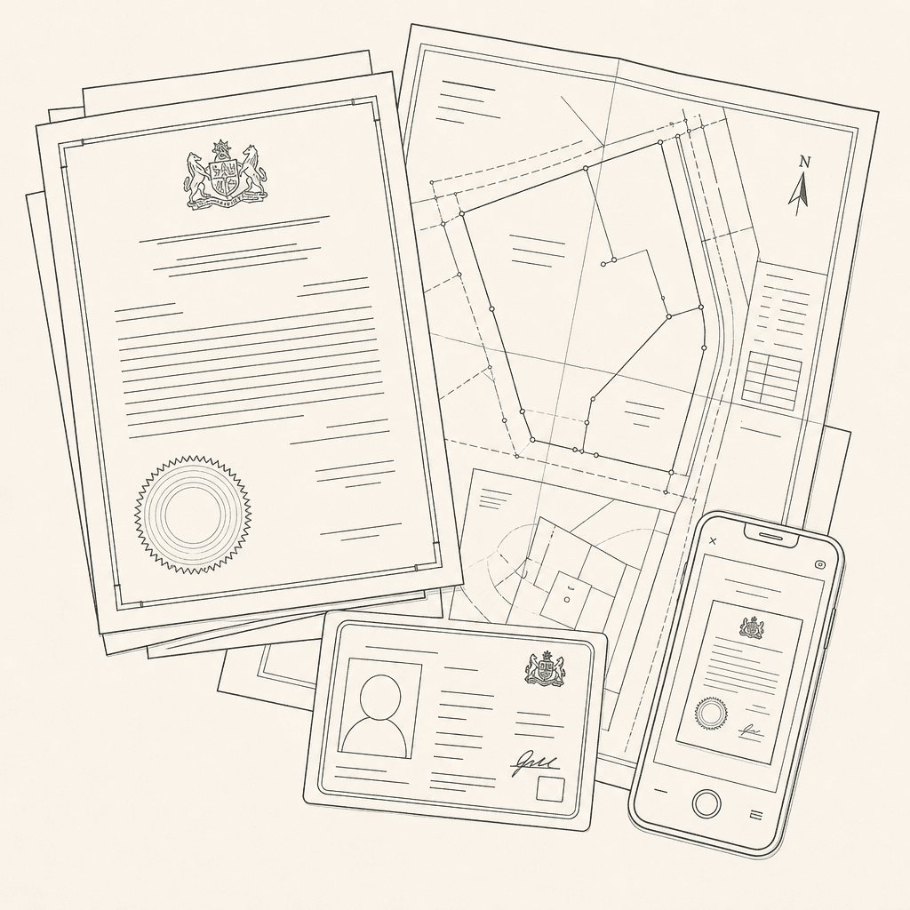 Dessin au trait d’un titre foncier, d’un plan de parcelle, d’une pièce d’identité et d’un téléphone montrant un document photographié.